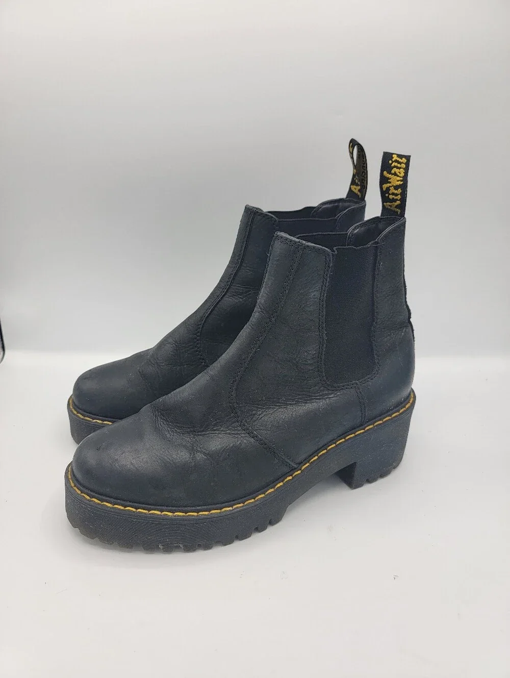 Dr. Martens Rometty Black Platform Chelsea Boots with Yellow Stitching